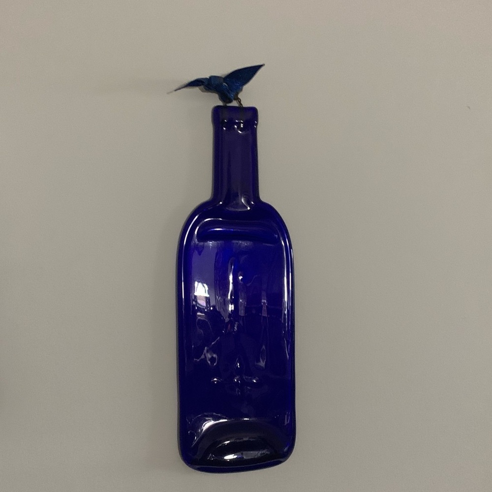 Cobalt Blue Flattened Wine Bottle w/ Metal Hanger!